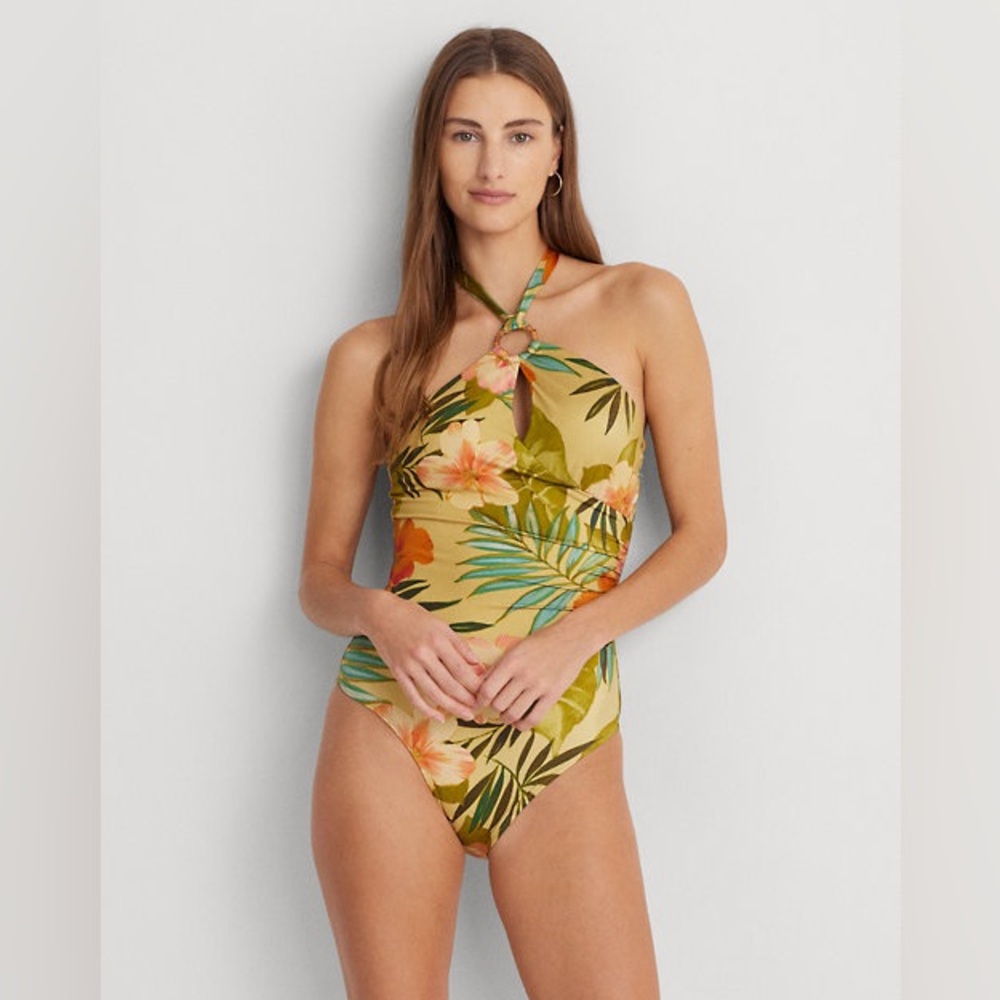 Lauren Ralph Lauren Floral Halter-Neck Swimsuit Women's 6 Multi Tie Neck Closure